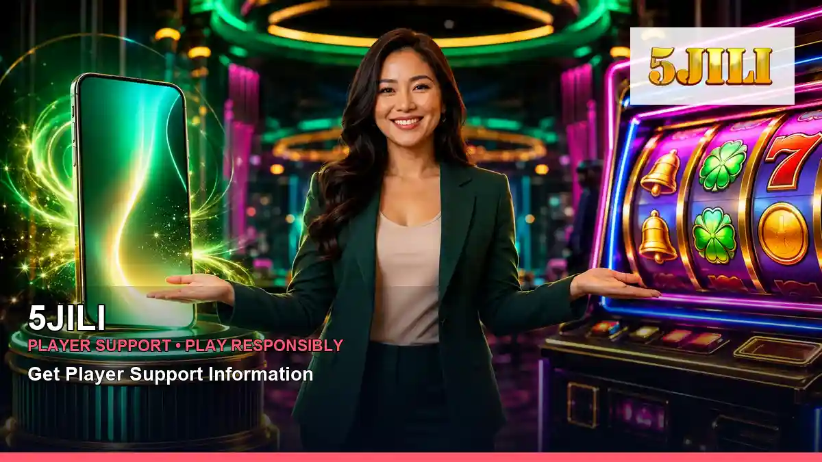 5JILI casino first deposit rewards featuring an adult Filipina casino host with a vivid composition